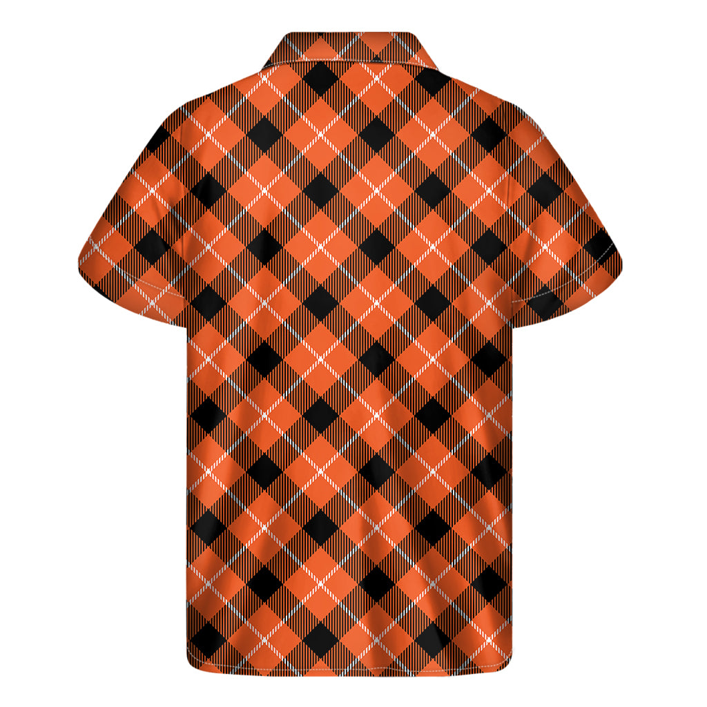 Orange Black And White Plaid Print Men's Short Sleeve Shirt