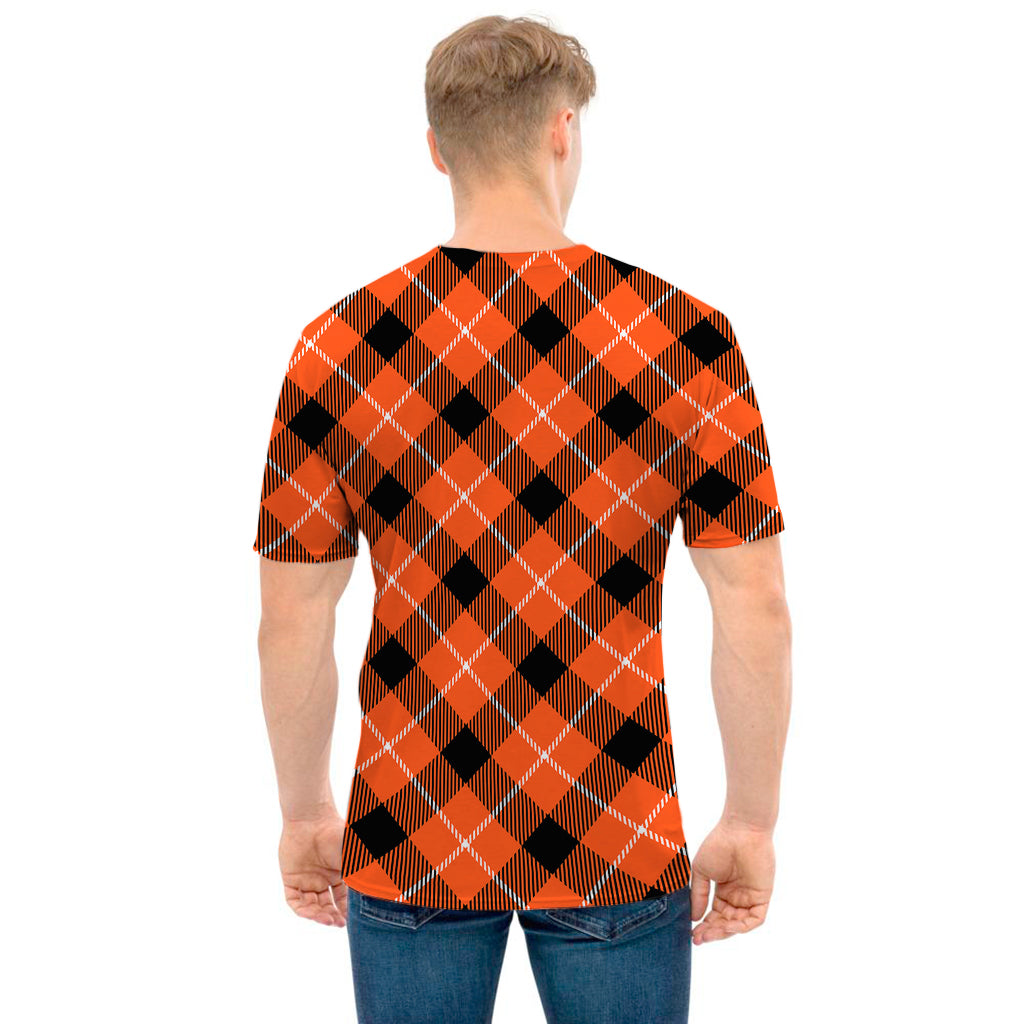 Orange Black And White Plaid Print Men's T-Shirt