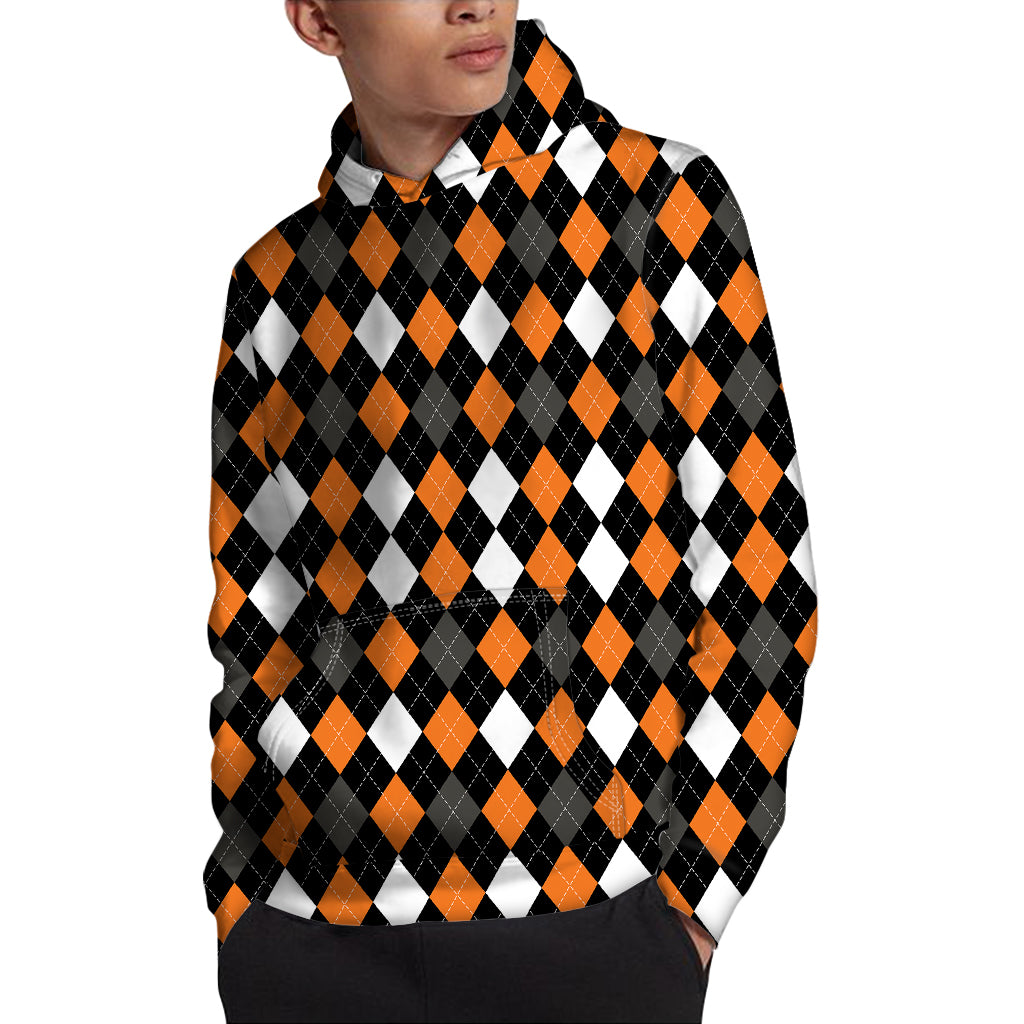 Orange Black Grey And White Argyle Print Pullover Hoodie