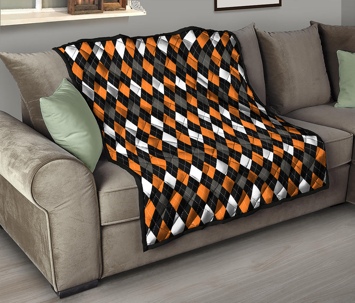 Orange Black Grey And White Argyle Print Quilt
