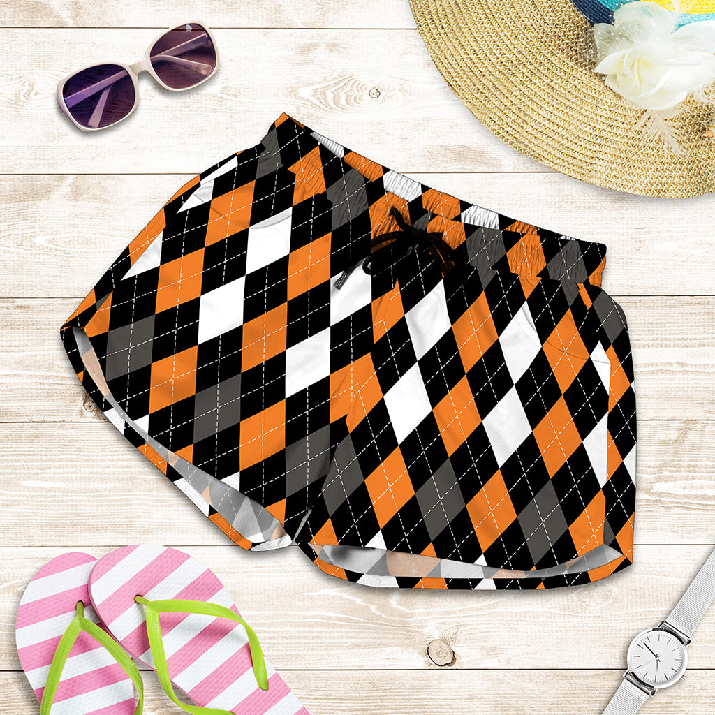 Orange Black Grey And White Argyle Print Women's Shorts