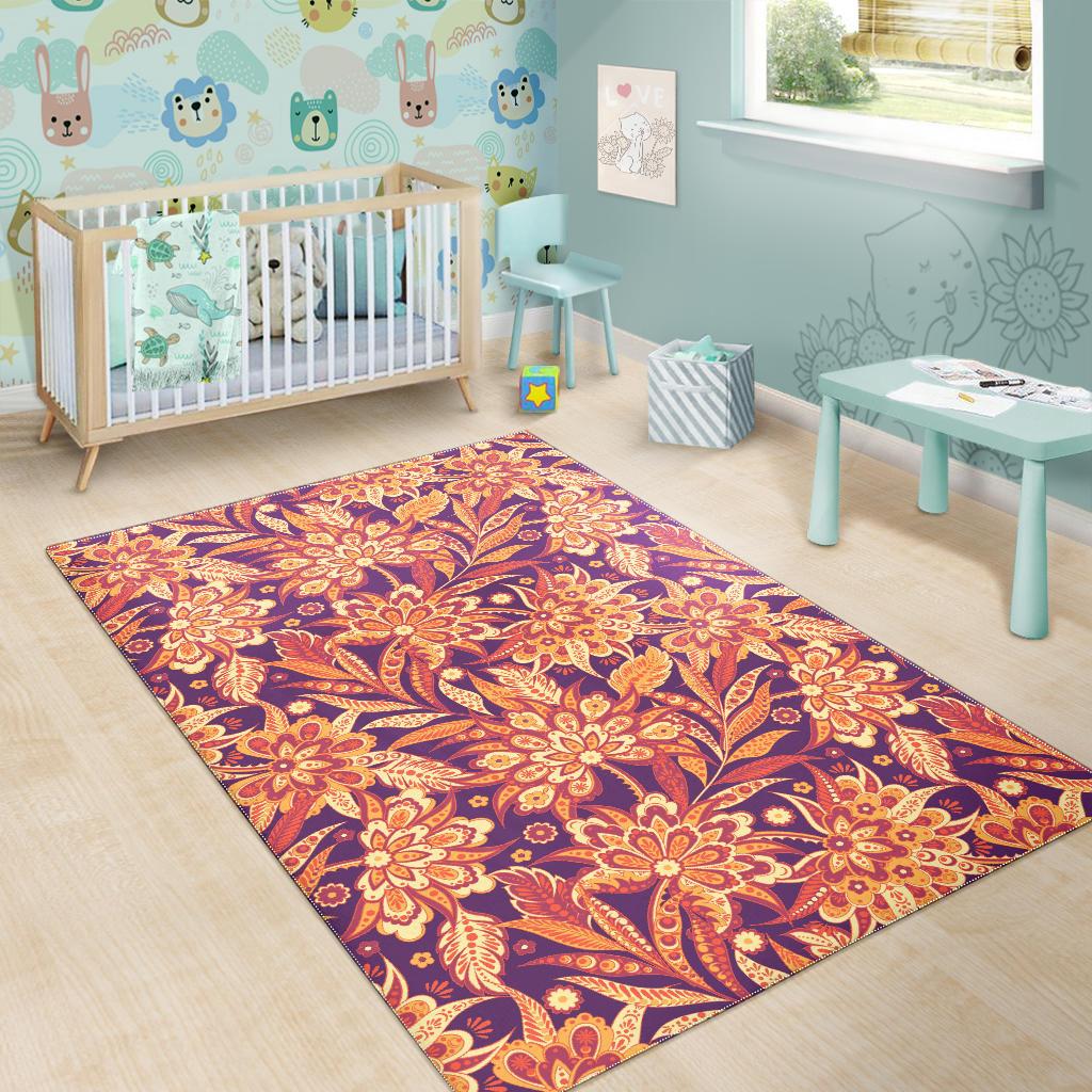 Orange Bohemian Floral Pattern Print Area Rug GearFrost