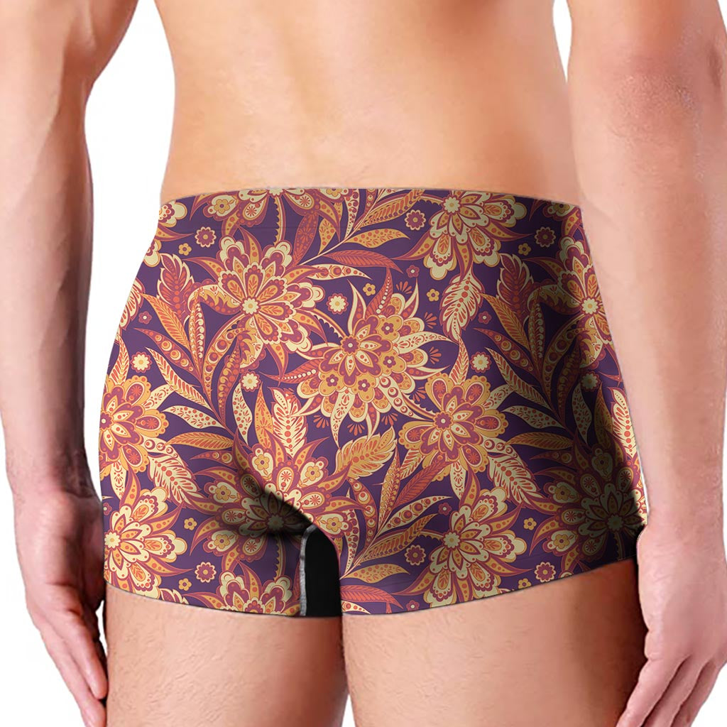 Orange Bohemian Floral Pattern Print Men's Boxer Briefs