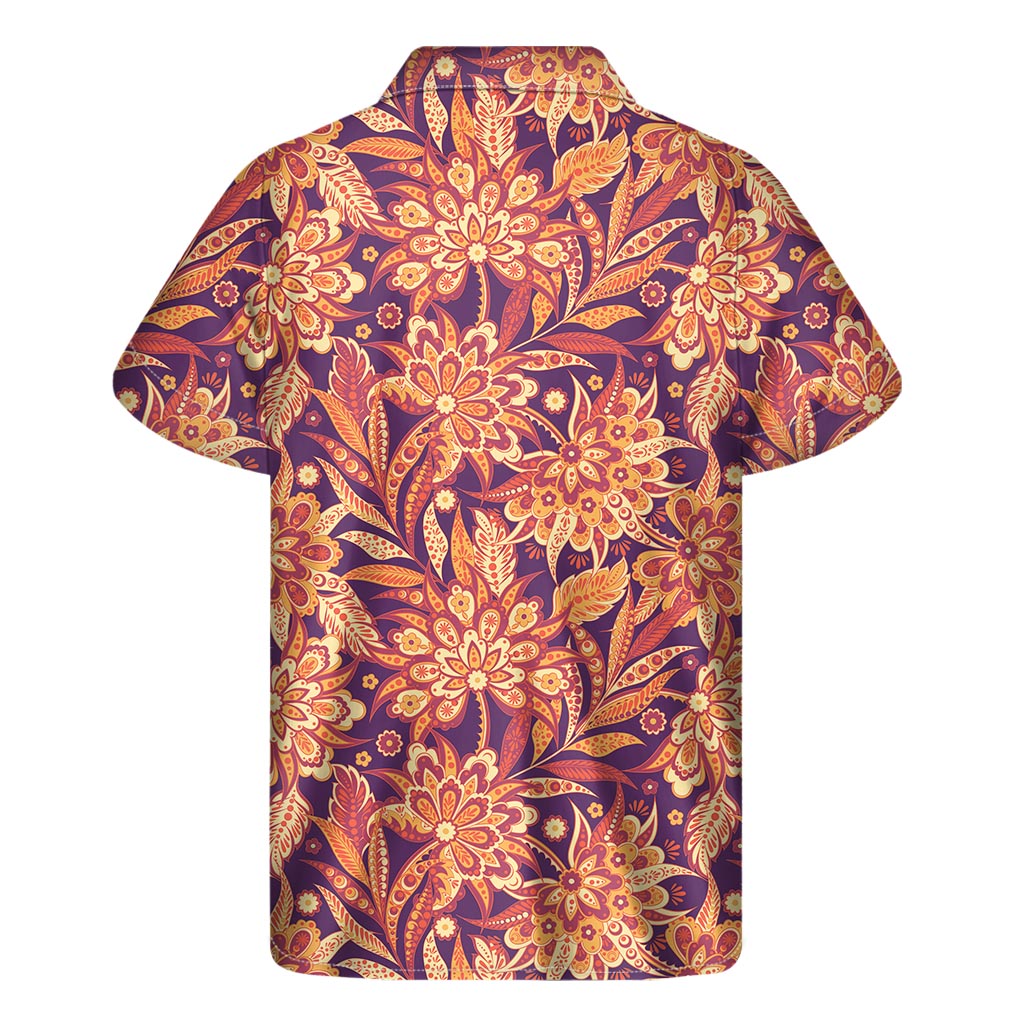 Orange Bohemian Floral Pattern Print Men's Short Sleeve Shirt