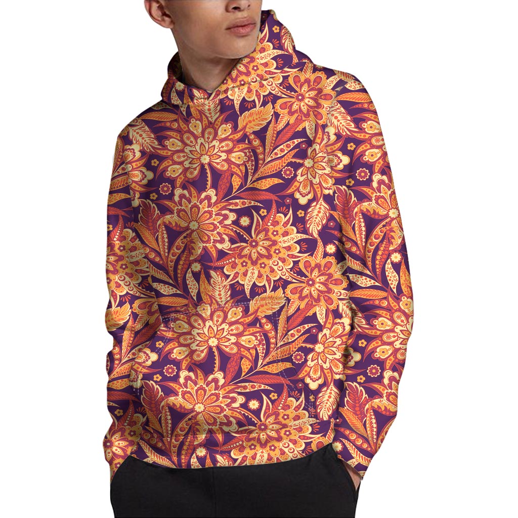 Orange Bohemian Floral Pattern Print Pullover Hoodie
