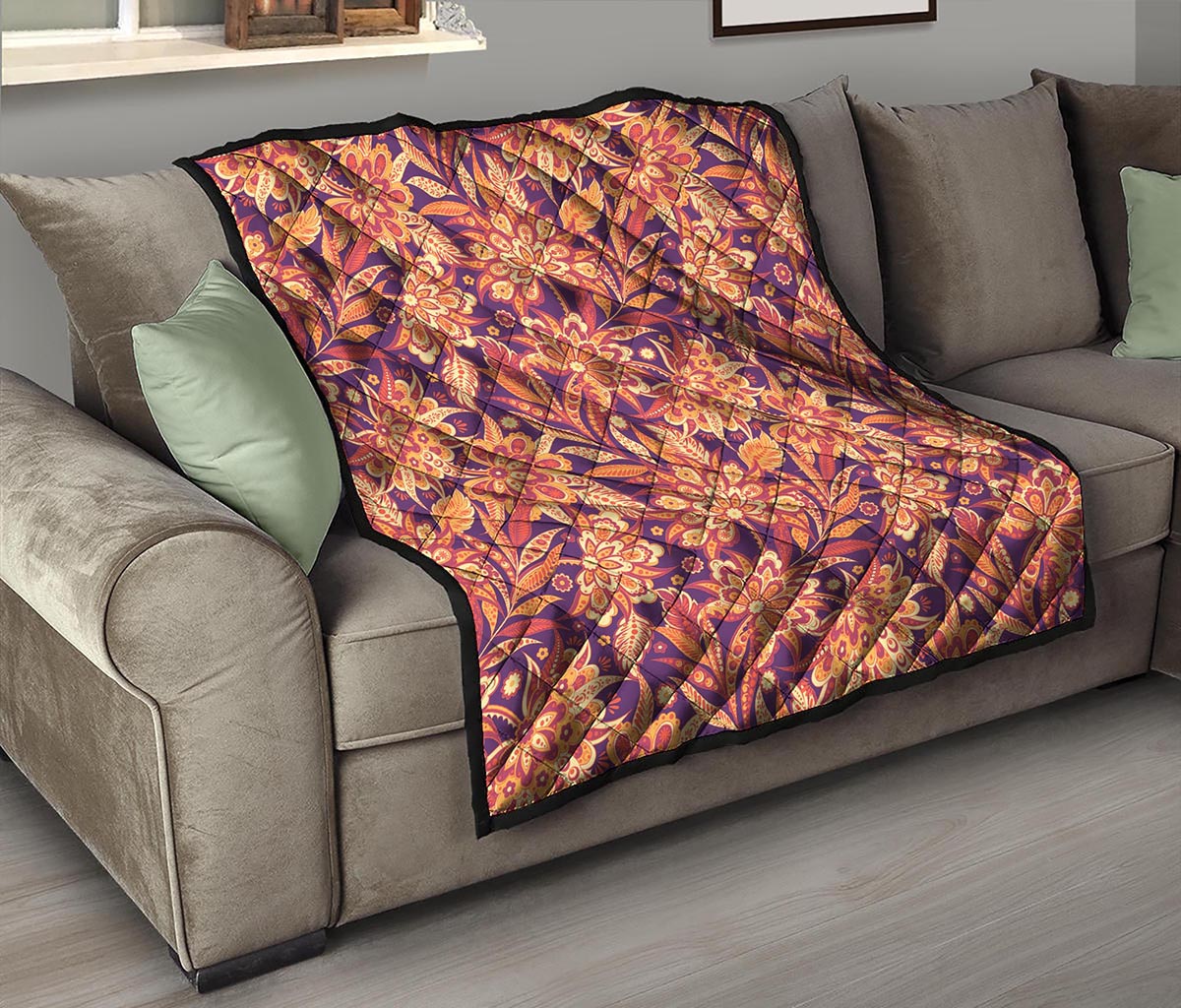 Orange Bohemian Floral Pattern Print Quilt