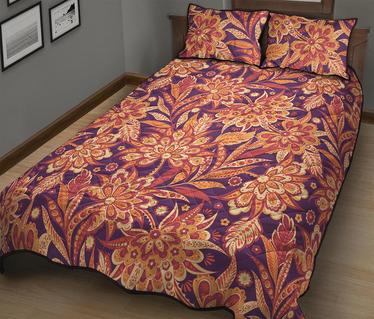 Orange Bohemian Floral Pattern Print Quilt Bed Set