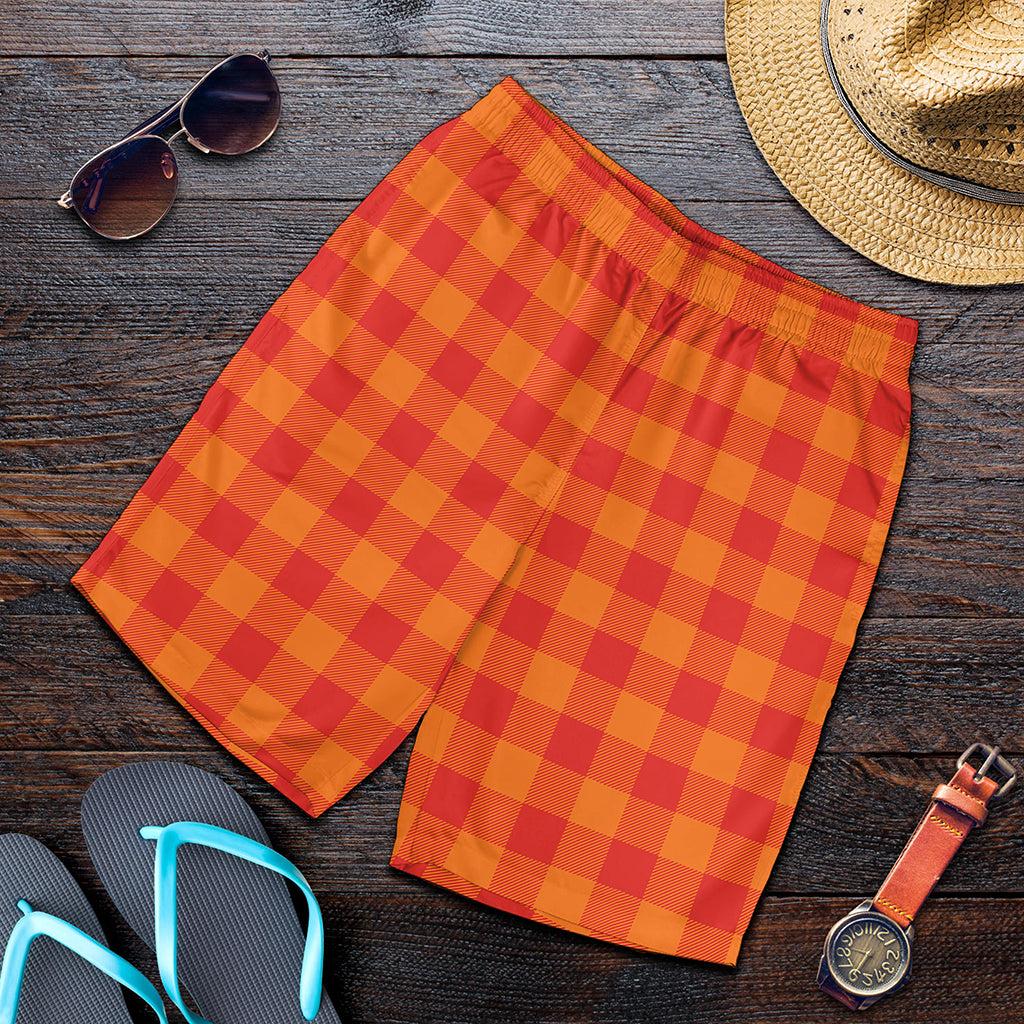 Orange Buffalo Check Pattern Print Men's Shorts