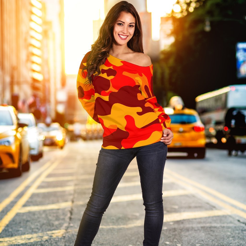 Orange Camouflage Print Off Shoulder Sweatshirt GearFrost