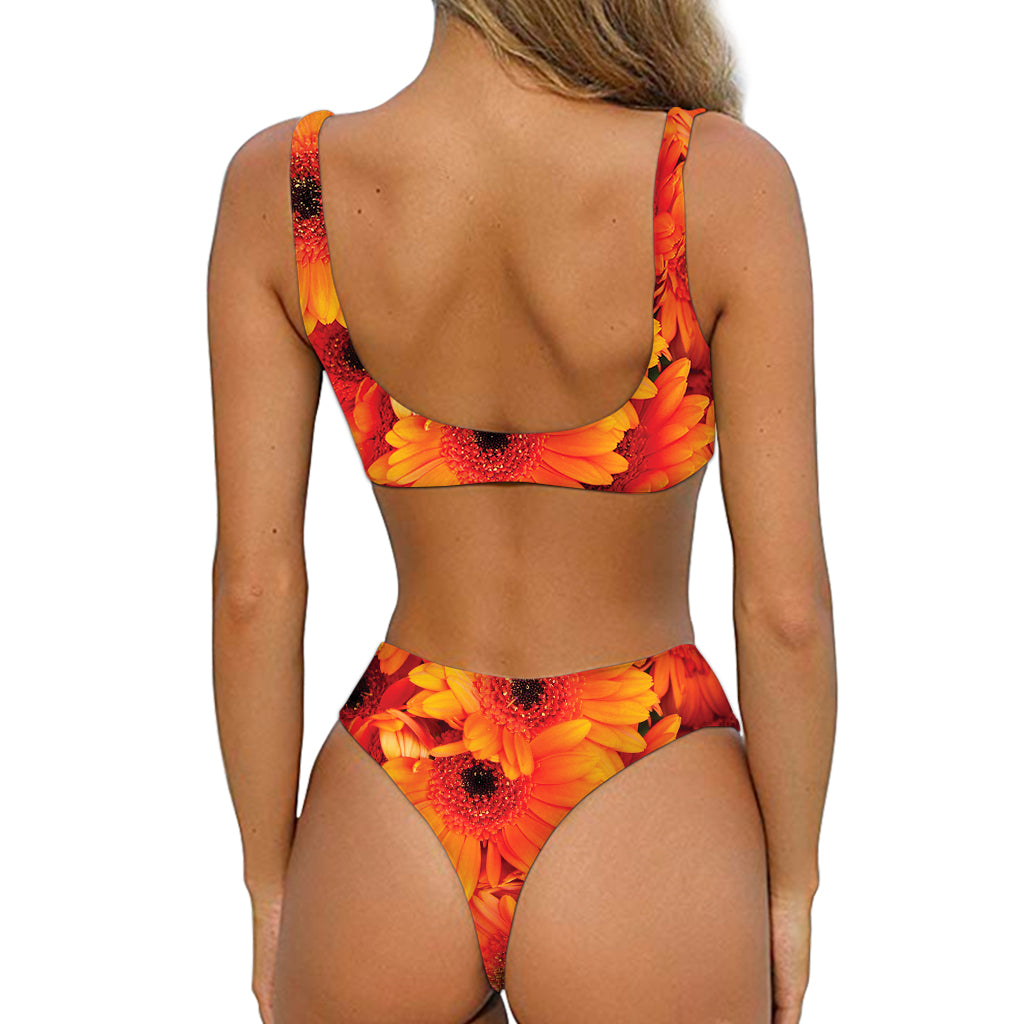 Orange Daisy Flower Print Front Bow Tie Bikini