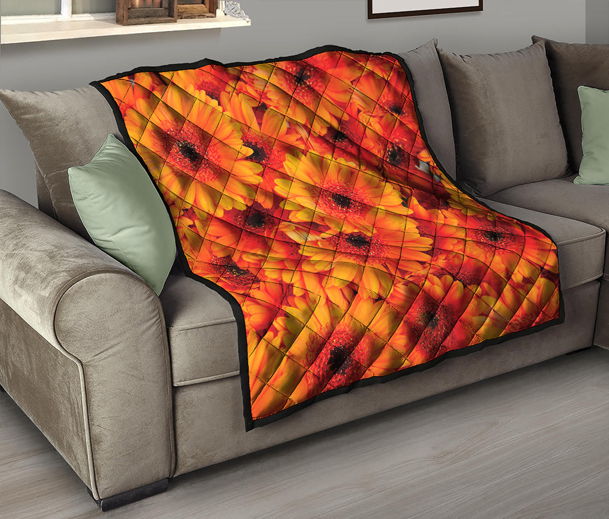 Orange Daisy Flower Print Quilt