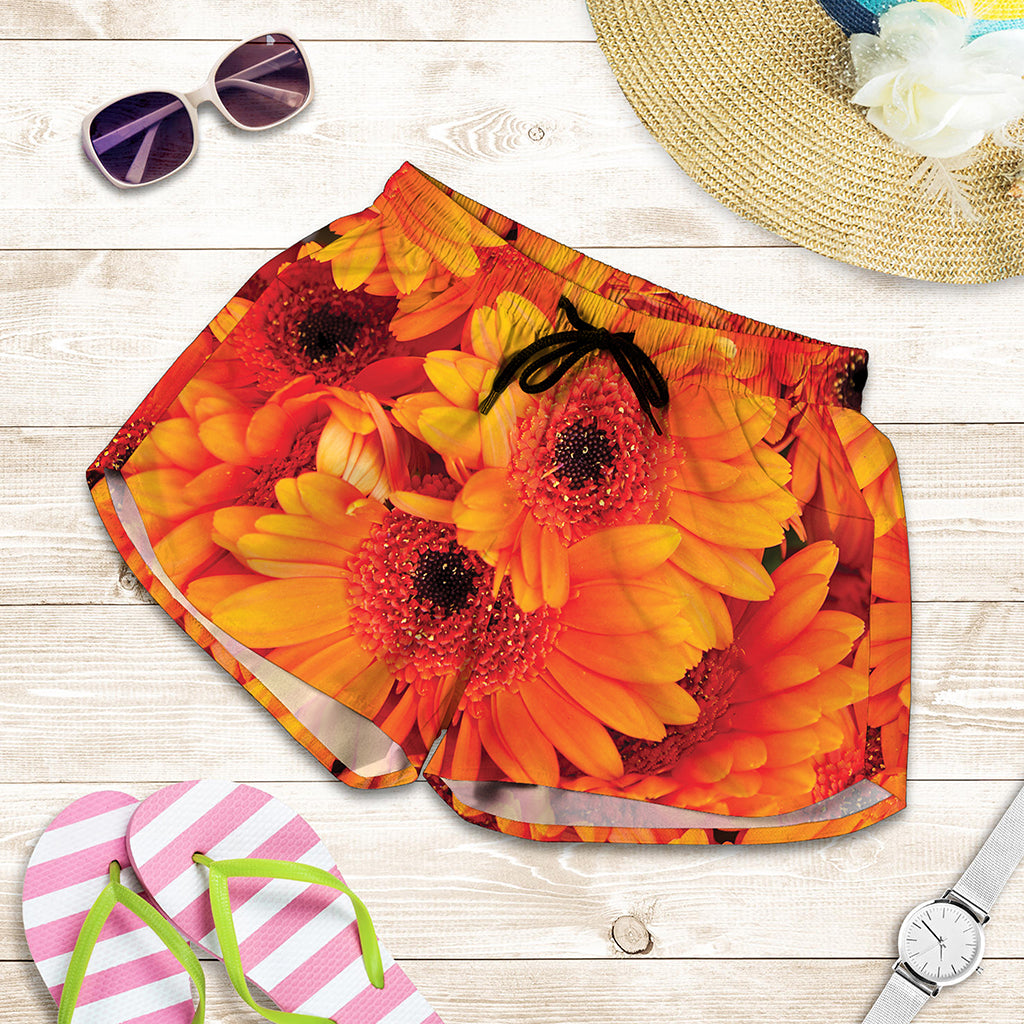 Orange Daisy Flower Print Women's Shorts