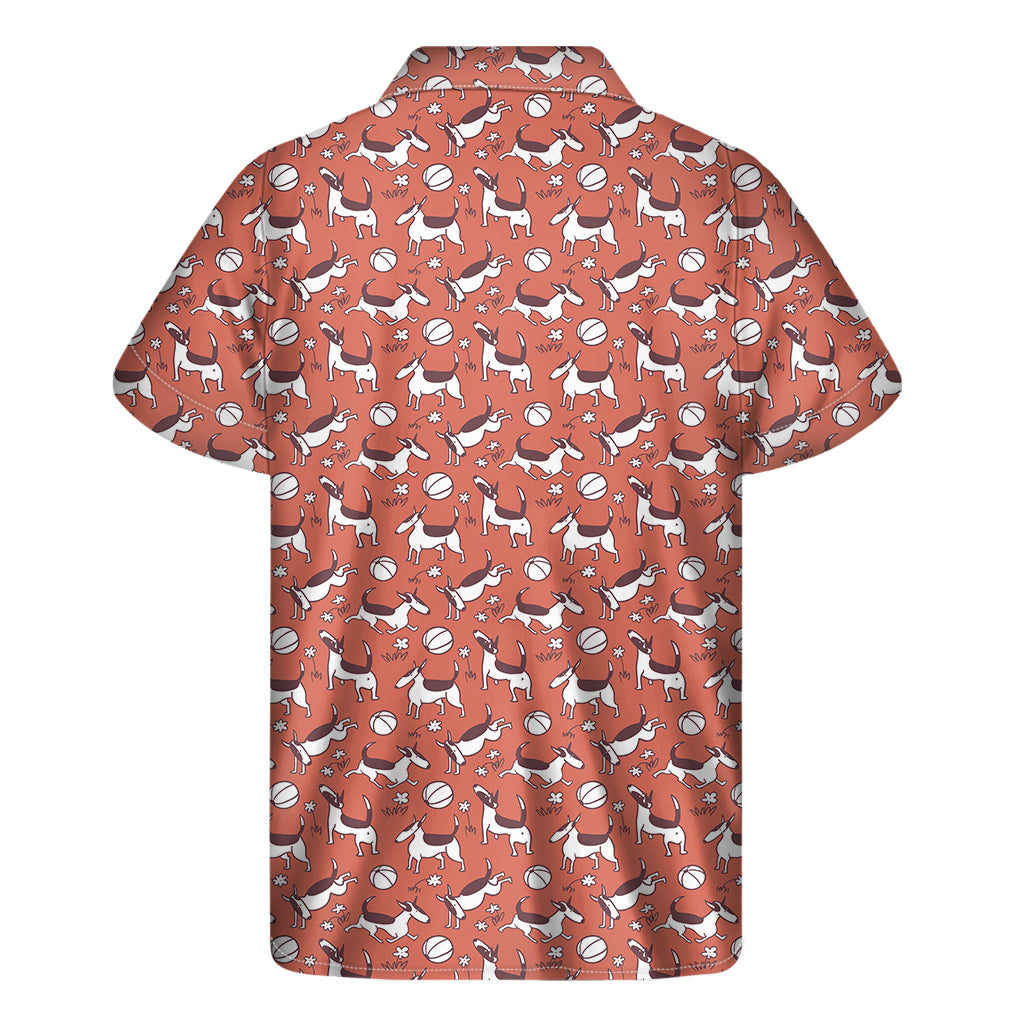 Orange Doodle Bull Terrier Pattern Print Men's Short Sleeve Shirt