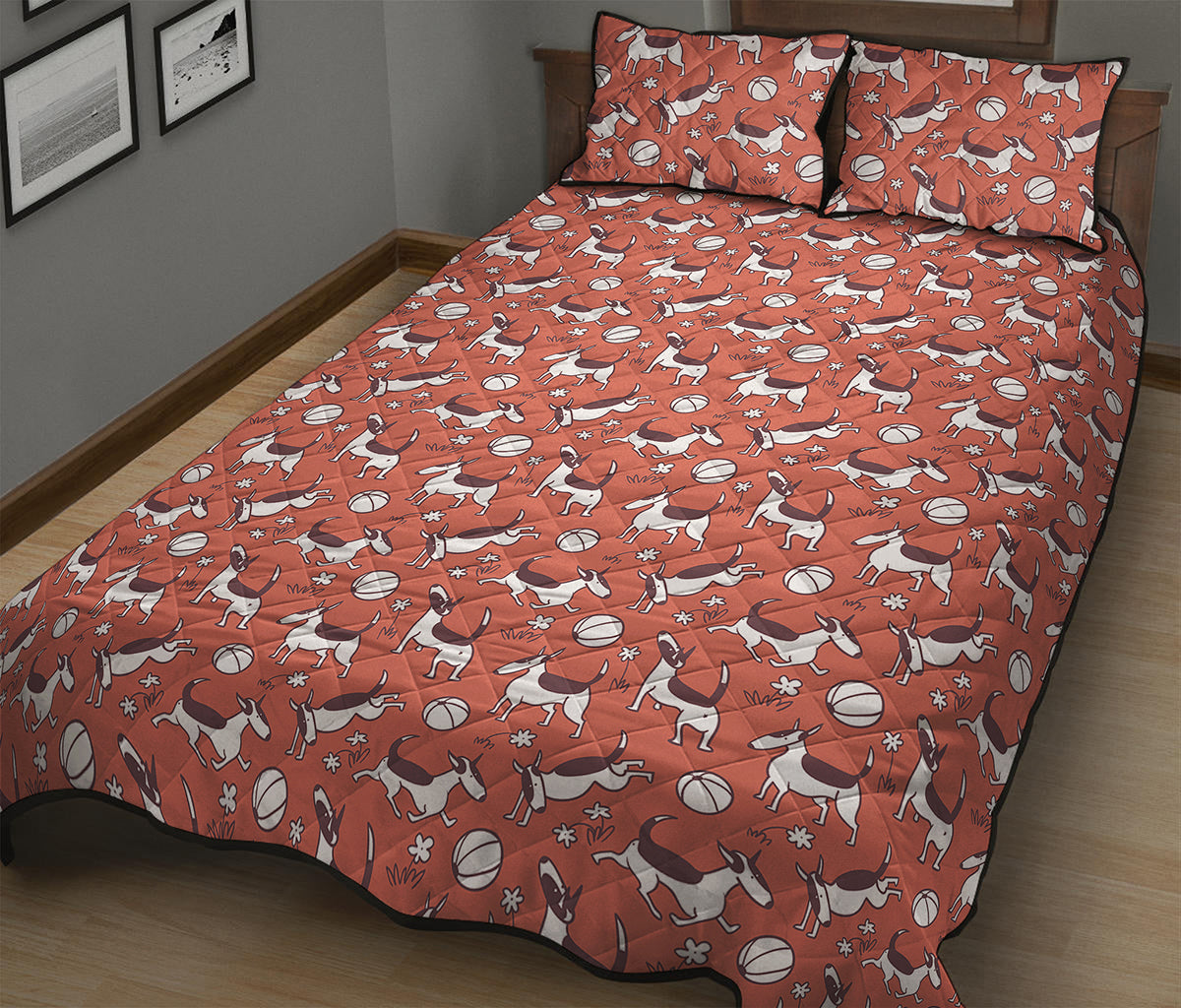 Orange Doodle Bull Terrier Pattern Print Quilt Bed Set