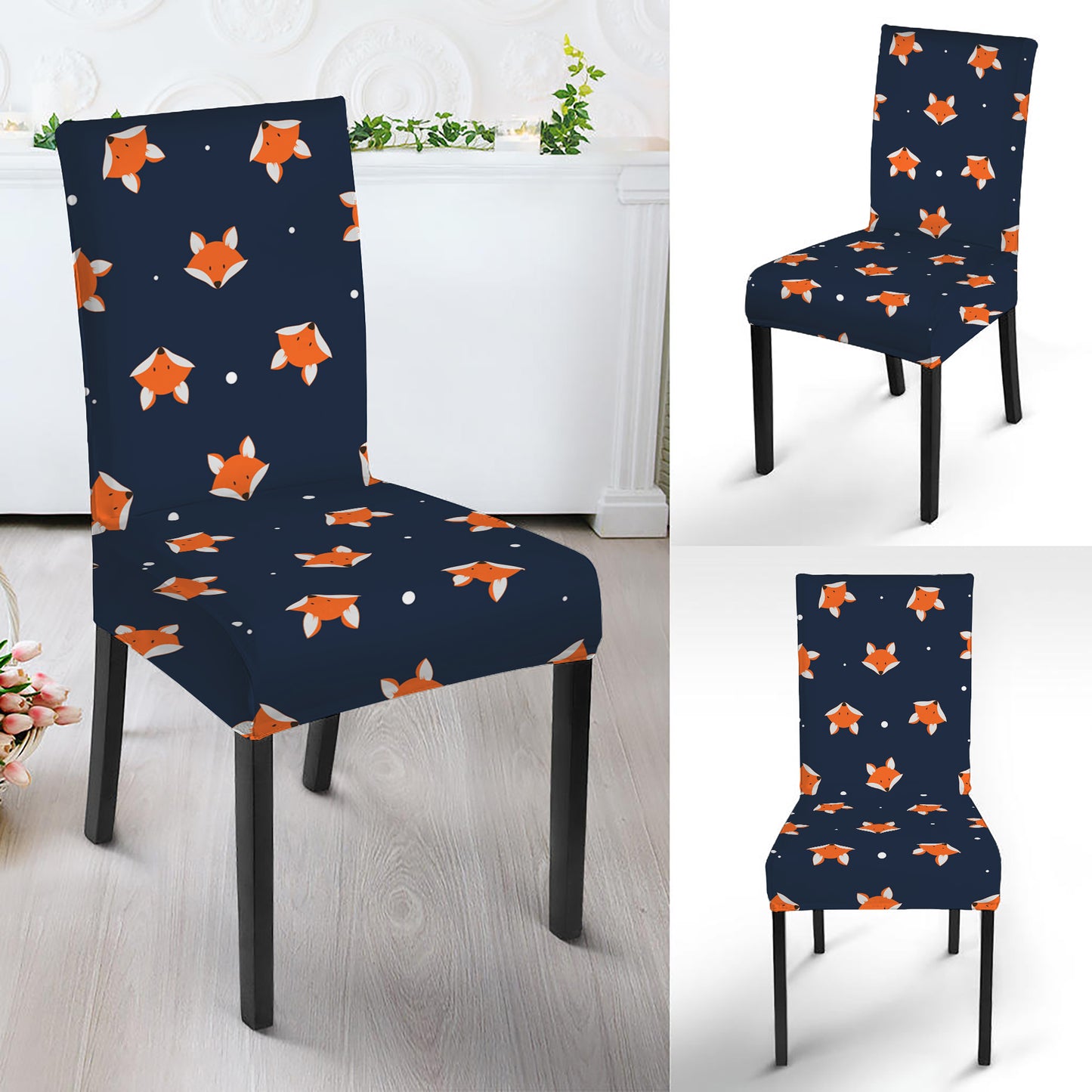 Orange Fox Pattern Print Dining Chair Slipcover