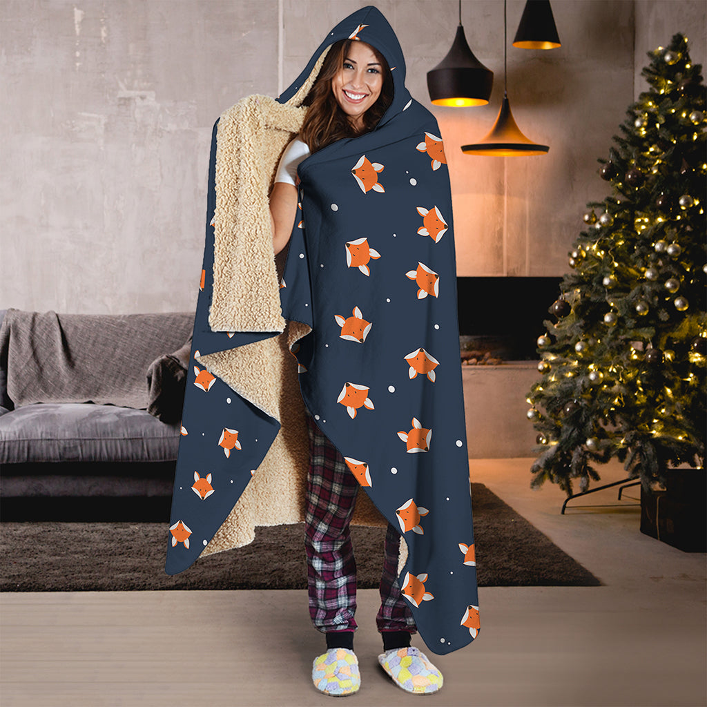 Orange Fox Pattern Print Hooded Blanket