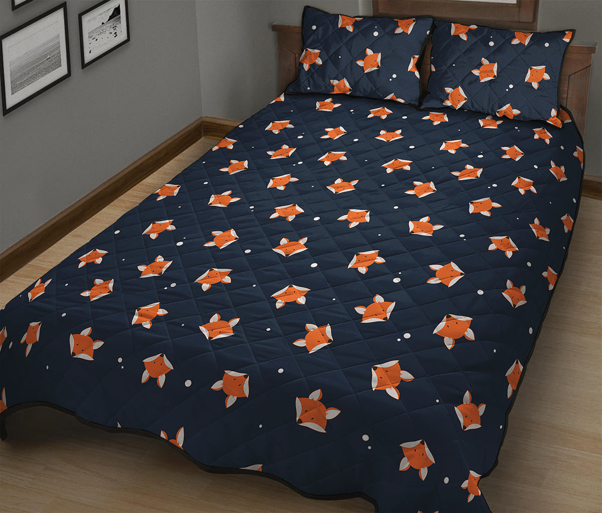 Orange Fox Pattern Print Quilt Bed Set