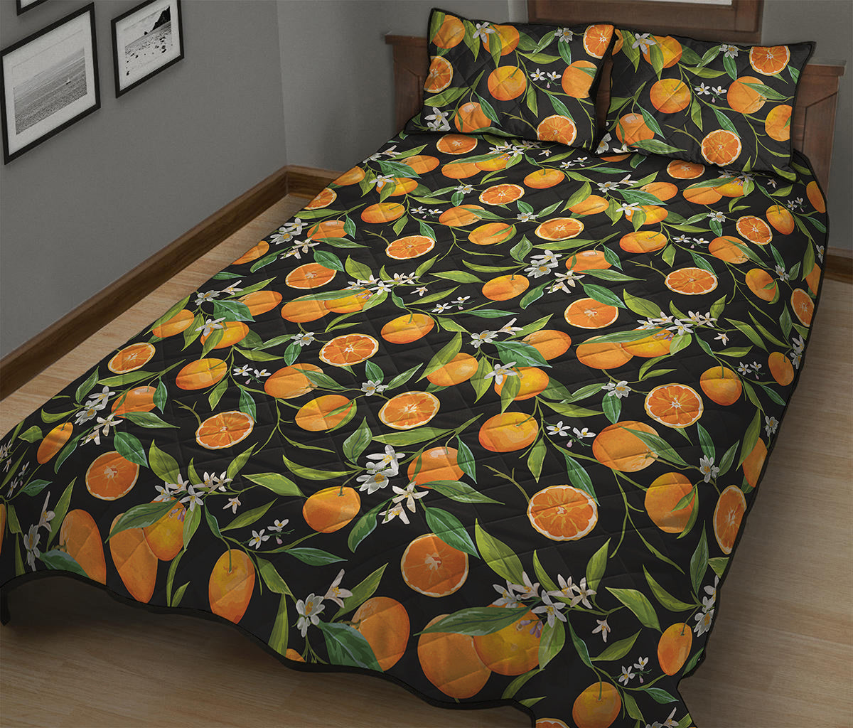 Orange Fruit Pattern Print Quilt Bed Set