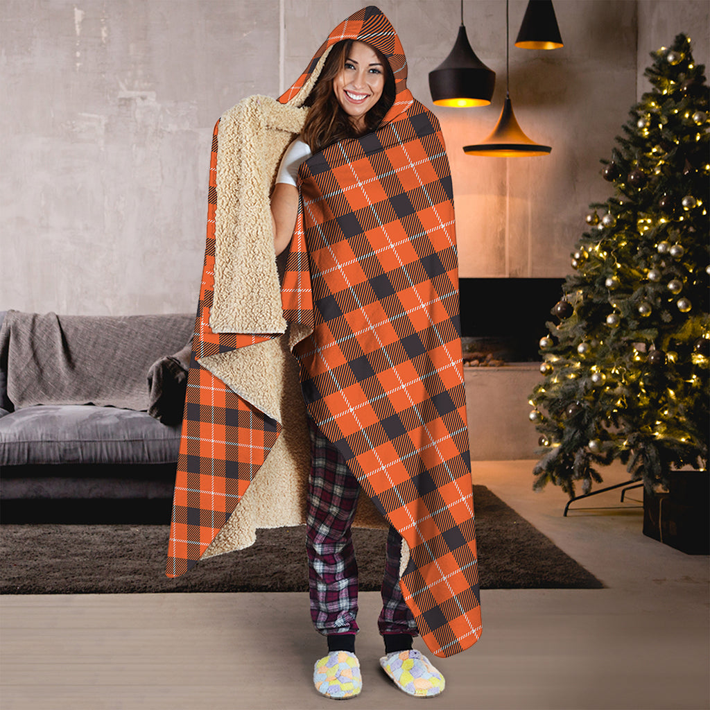 Orange Grey And White Plaid Print Hooded Blanket