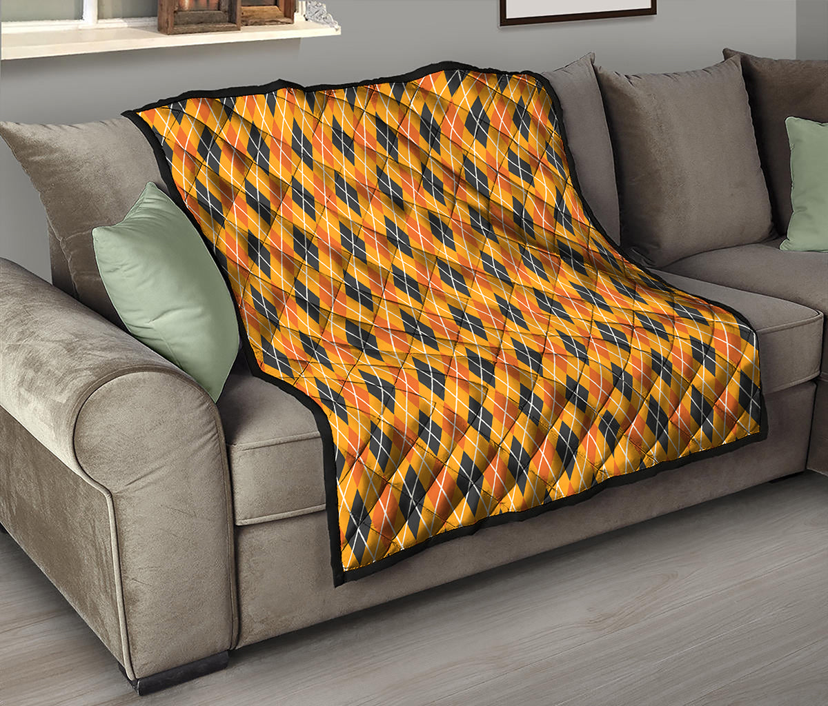 Orange Halloween Argyle Pattern Print Quilt