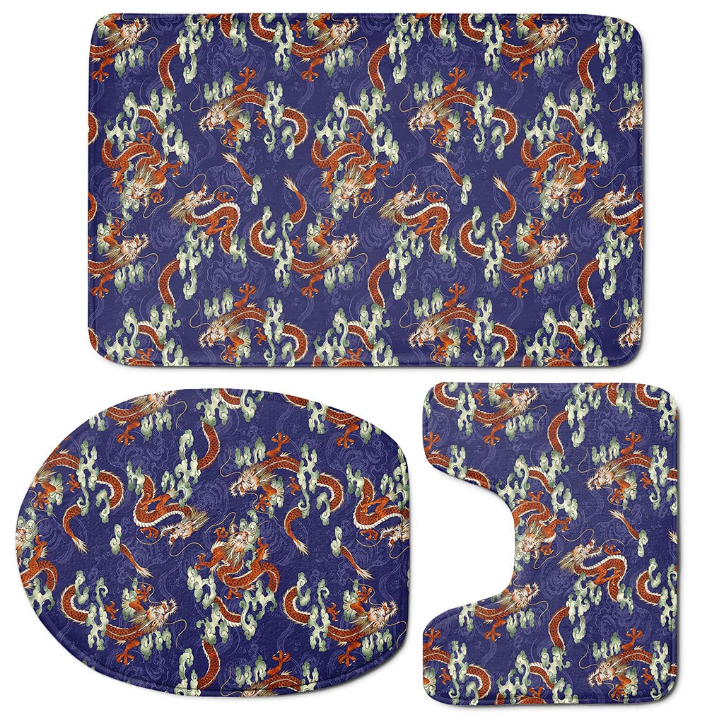 Orange Japanese Dragon Pattern Print 3 Piece Bath Mat Set