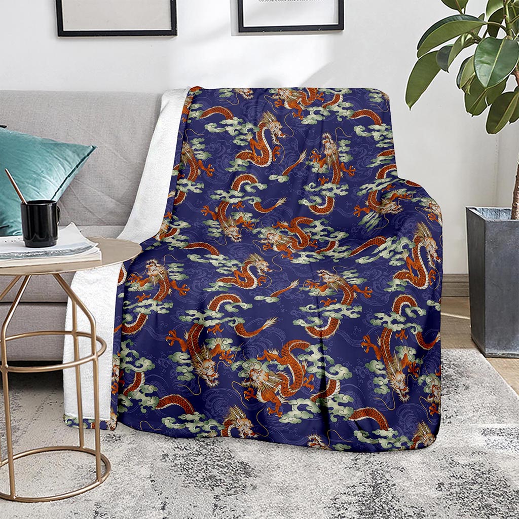 Orange Japanese Dragon Pattern Print Blanket