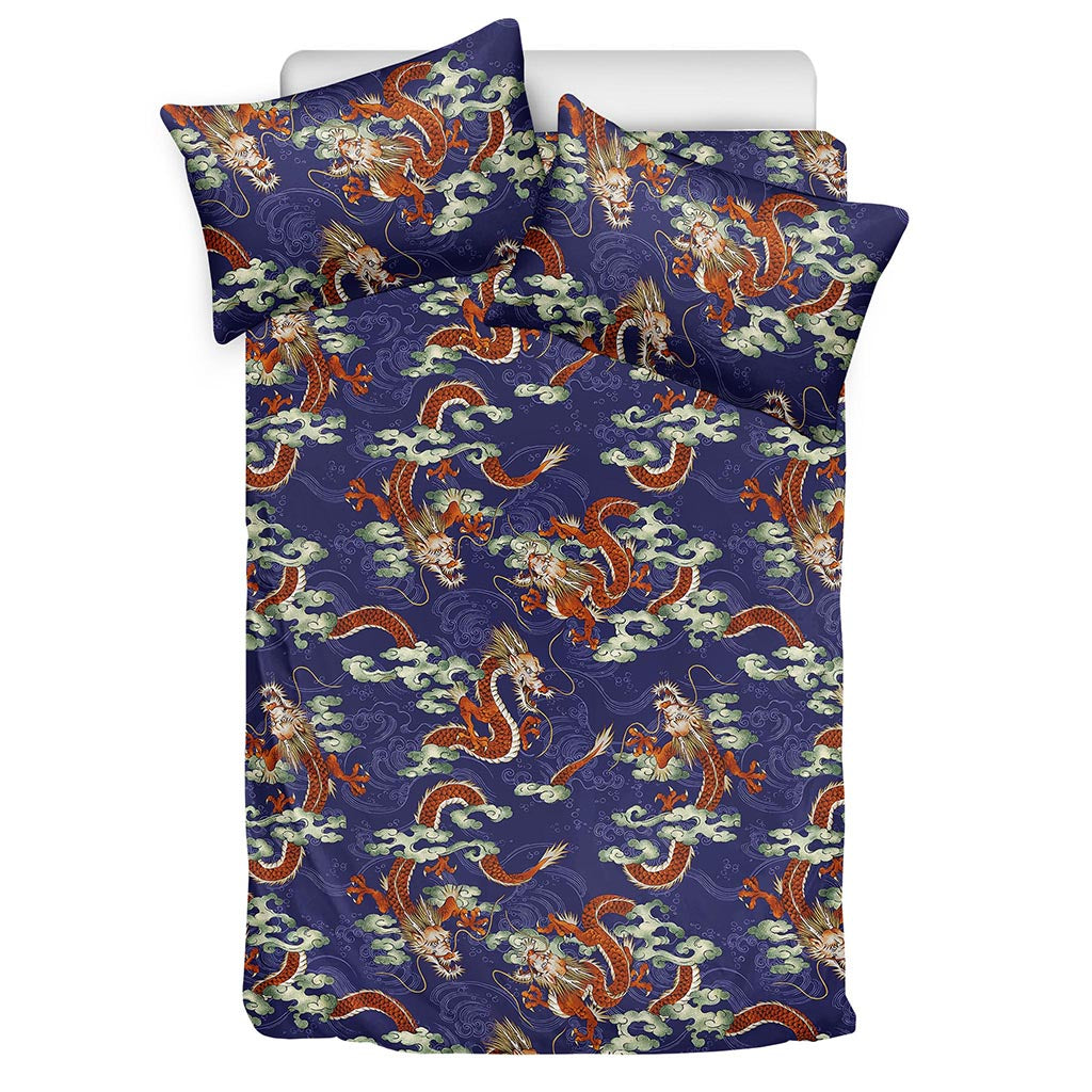 Orange Japanese Dragon Pattern Print Duvet Cover Bedding Set