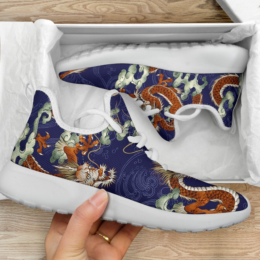 Orange Japanese Dragon Pattern Print Mesh Knit Shoes GearFrost