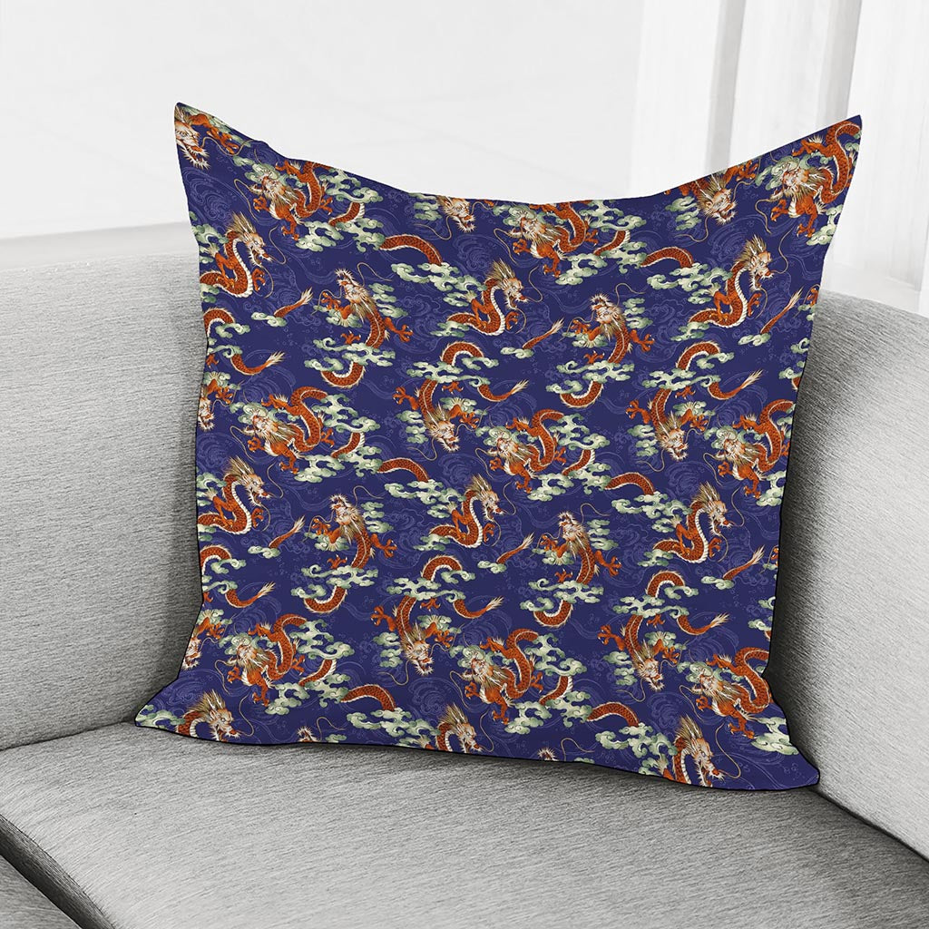 Orange Japanese Dragon Pattern Print Pillow Cover