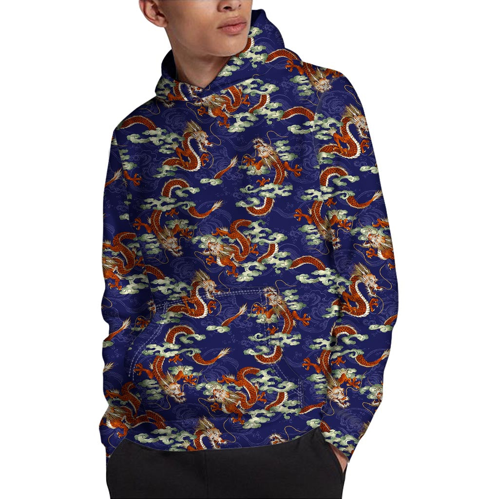 Orange Japanese Dragon Pattern Print Pullover Hoodie