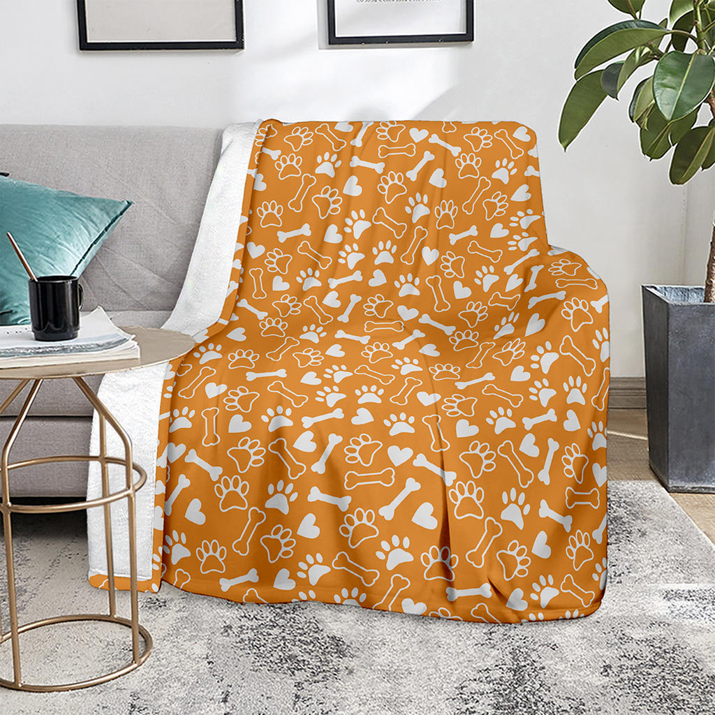 Orange Paw And Bone Pattern Print Blanket