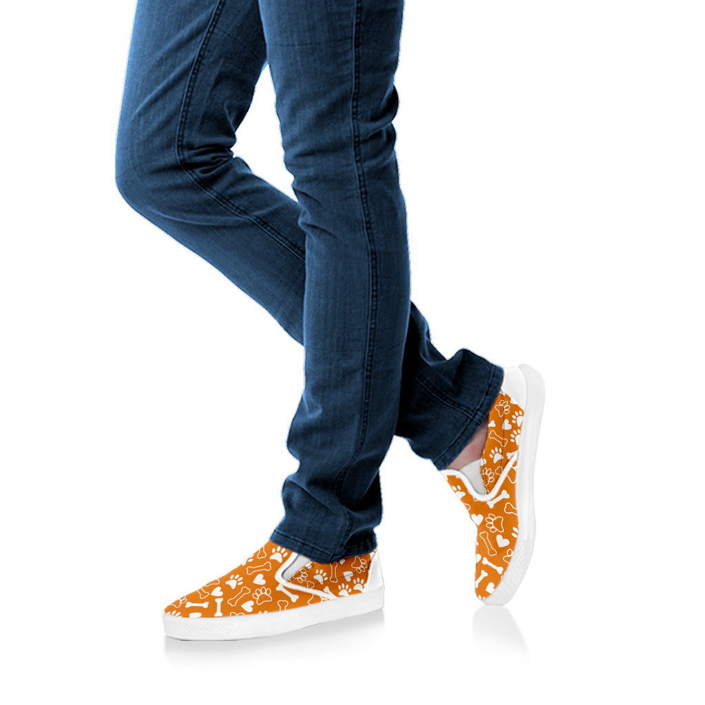 Orange Paw And Bone Pattern Print White Slip On Shoes