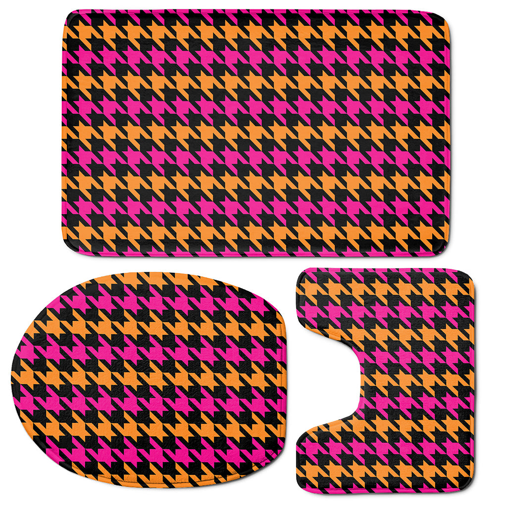 Orange Pink And Black Houndstooth Print 3 Piece Bath Mat Set
