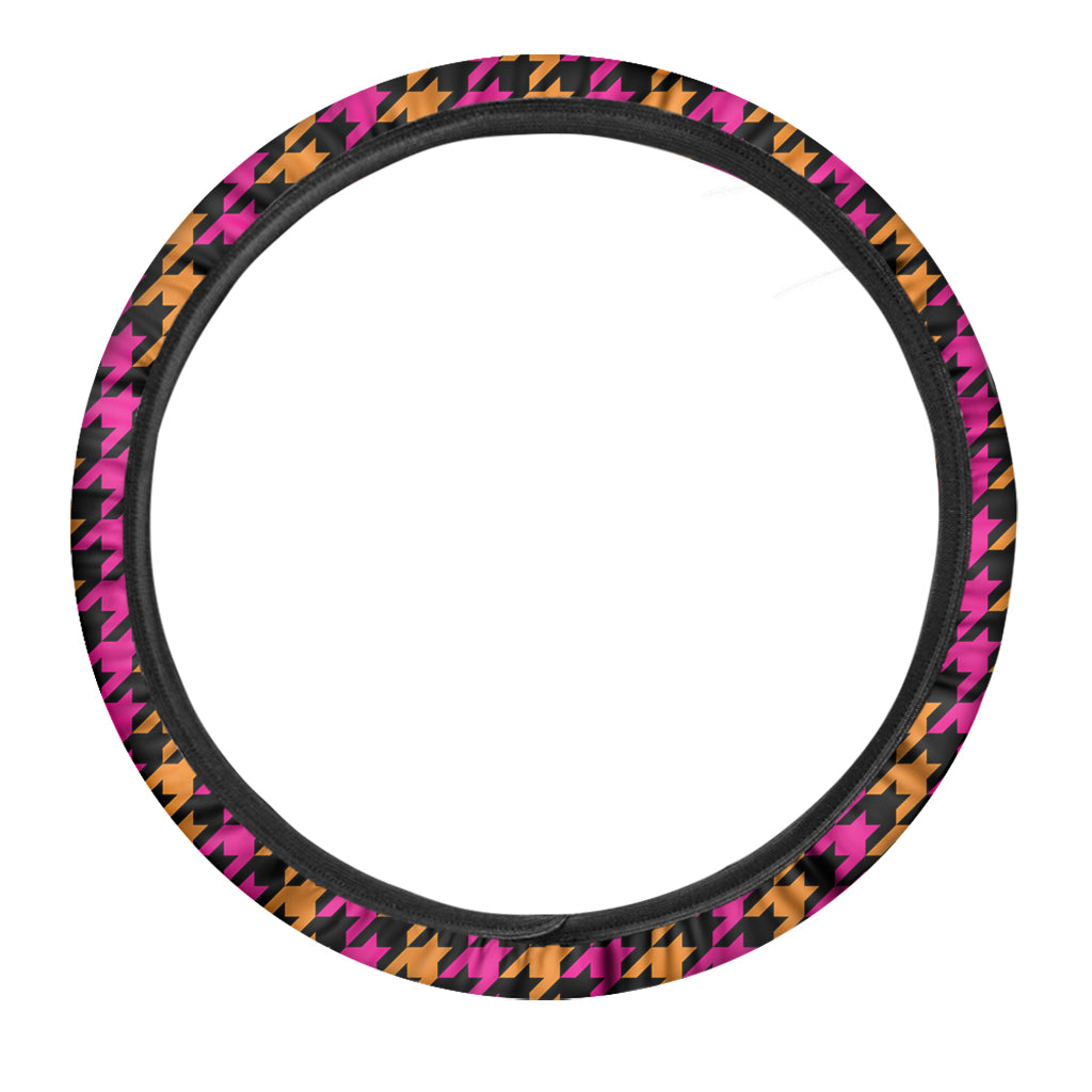 Orange Pink And Black Houndstooth Print Car Steering Wheel Cover