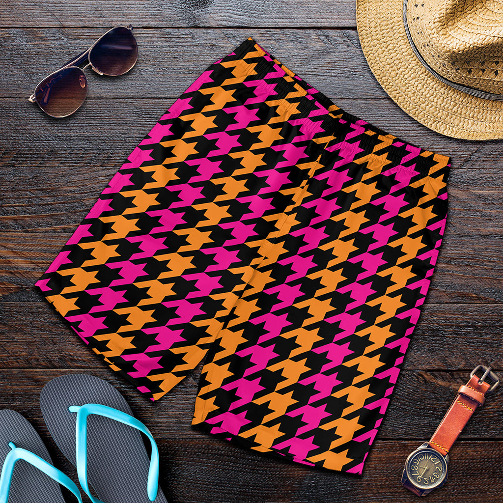 Orange Pink And Black Houndstooth Print Men's Shorts