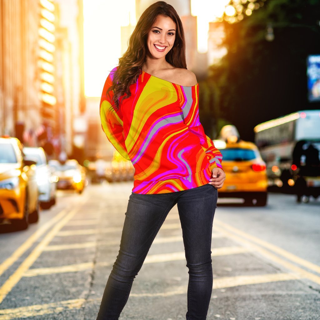 Orange Psychedelic Liquid Trippy Print Off Shoulder Sweatshirt GearFrost