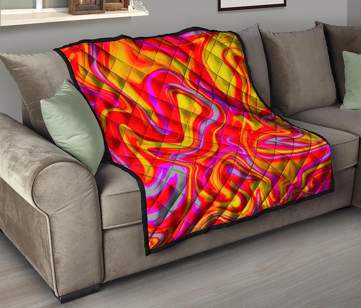 Orange Psychedelic Liquid Trippy Print Quilt