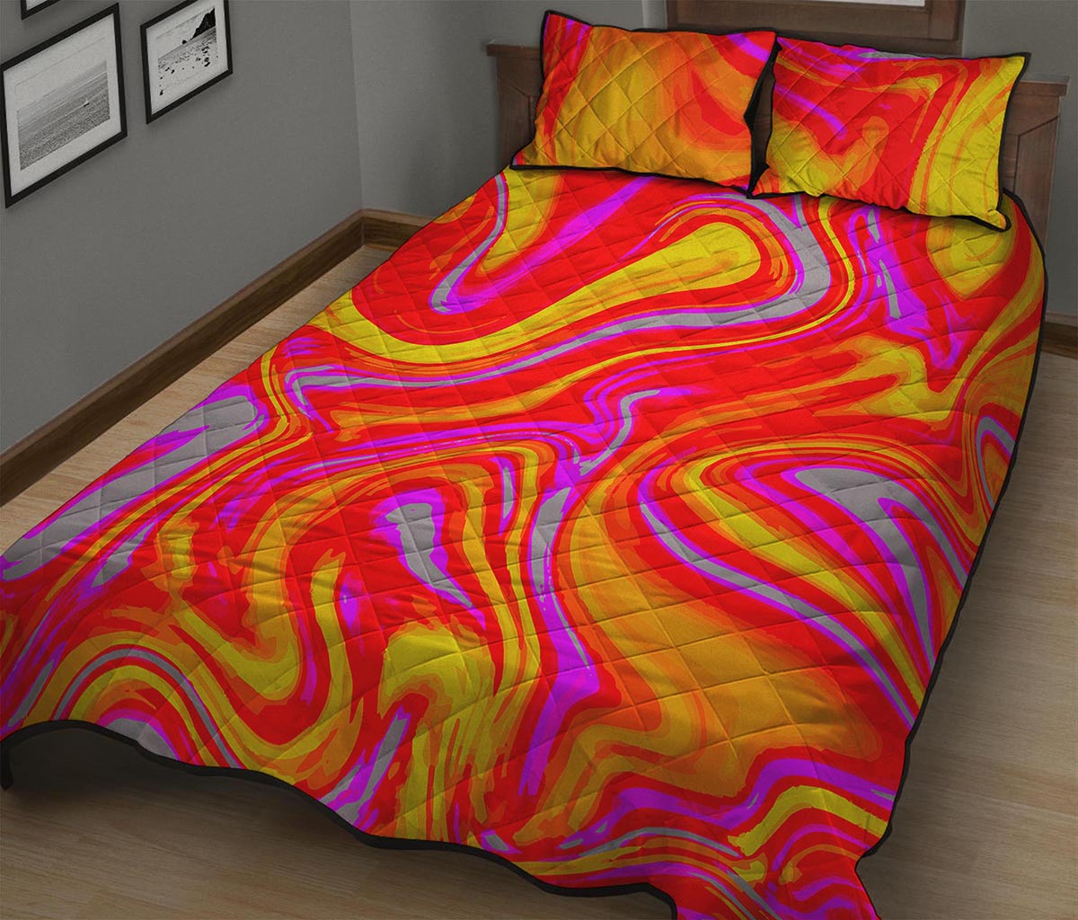 Orange Psychedelic Liquid Trippy Print Quilt Bed Set