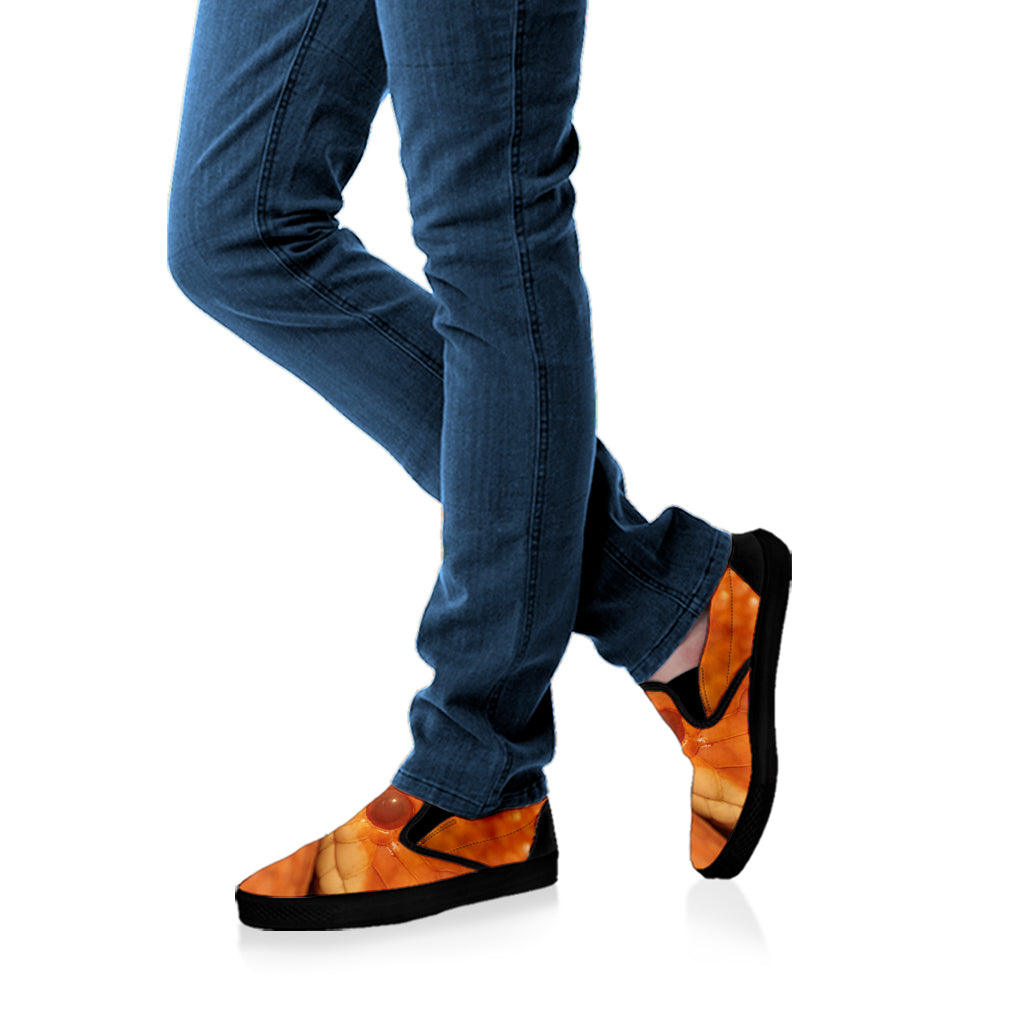 Orange Snake Print Black Slip On Shoes