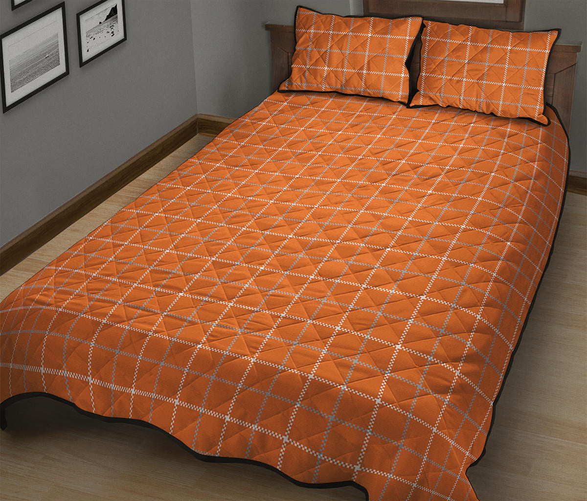 Orange Tattersall Pattern Print Quilt Bed Set