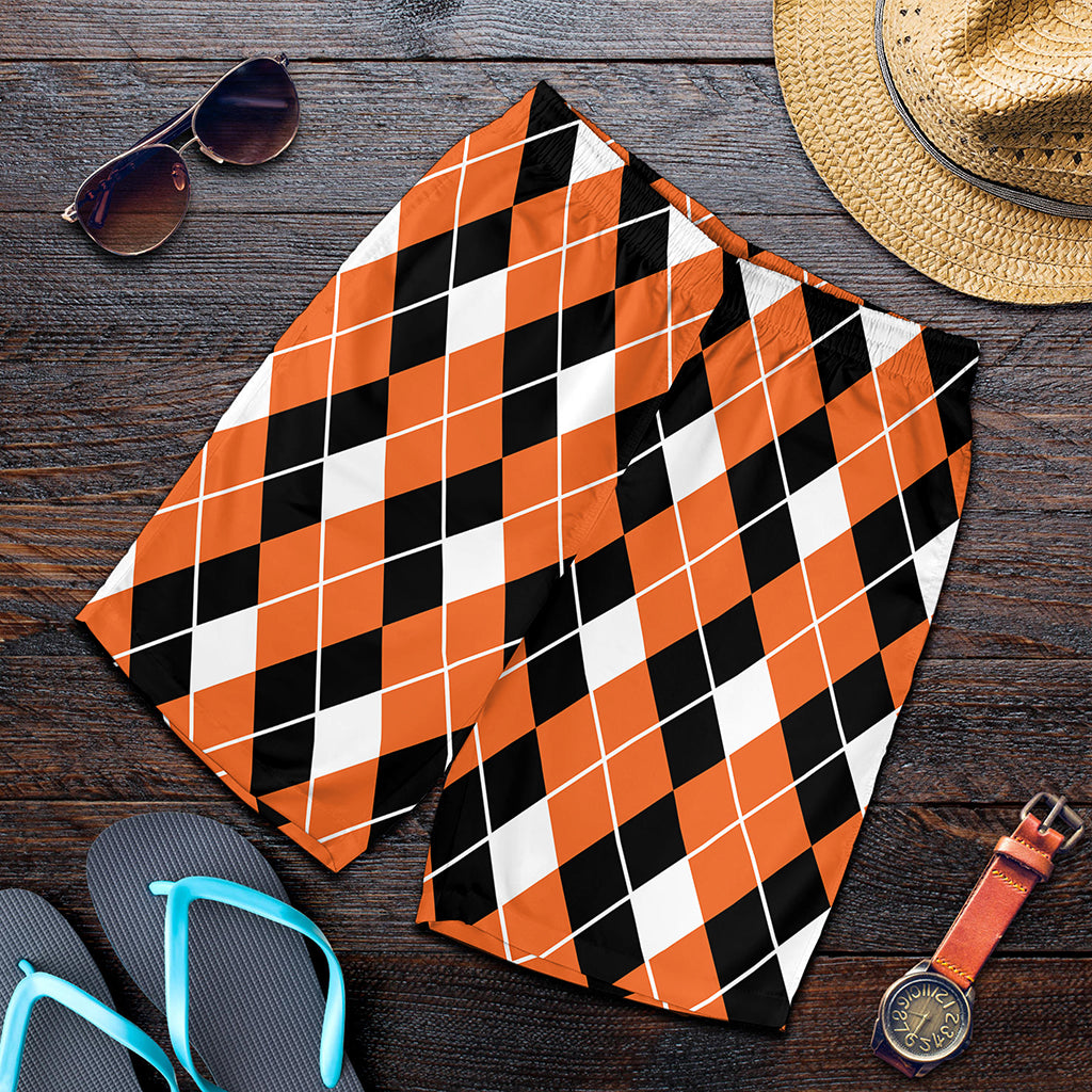 Orange White And Black Argyle Print Men's Shorts