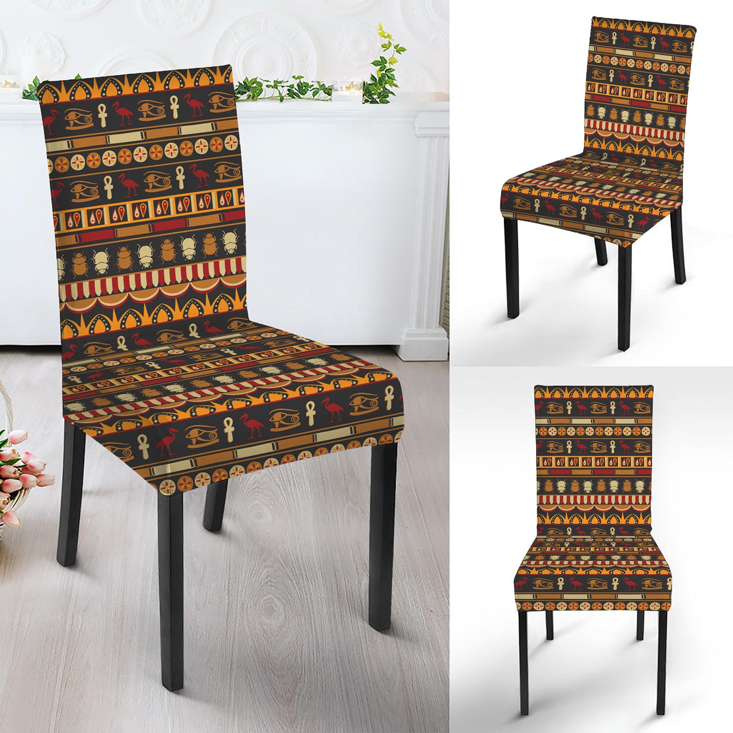 Ornament Egyptian Pattern Print Dining Chair Slipcover