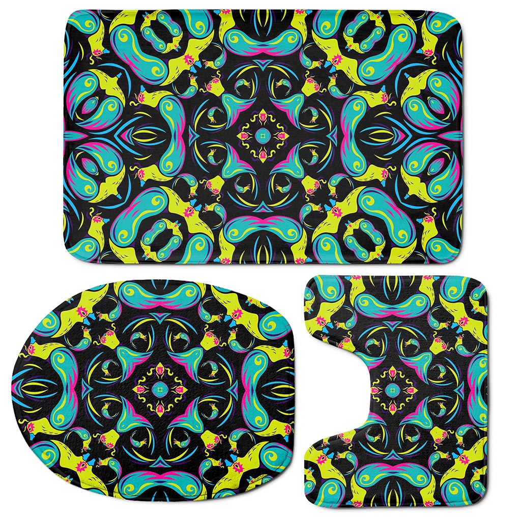 Ornament Psychedelic Trippy Print 3 Piece Bath Mat Set