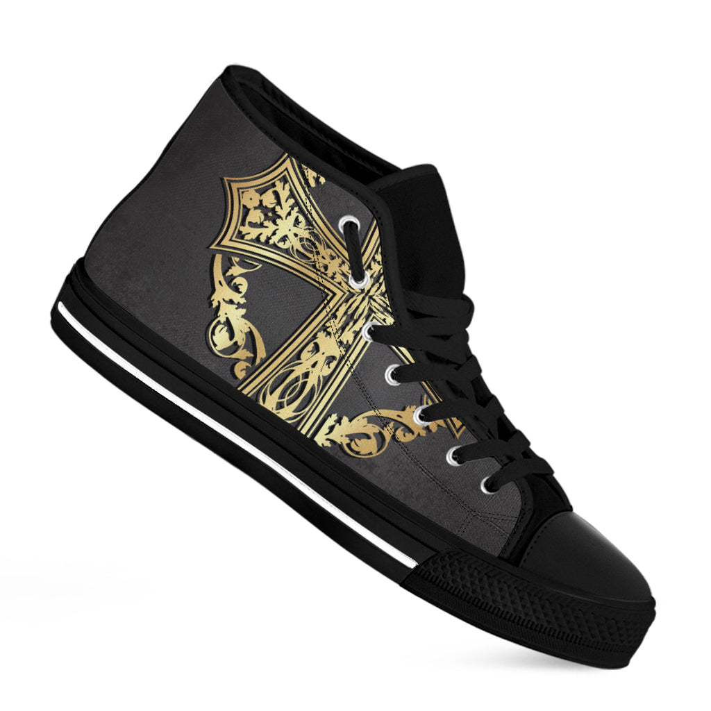 Ornamental Golden Cross Print Black High Top Shoes
