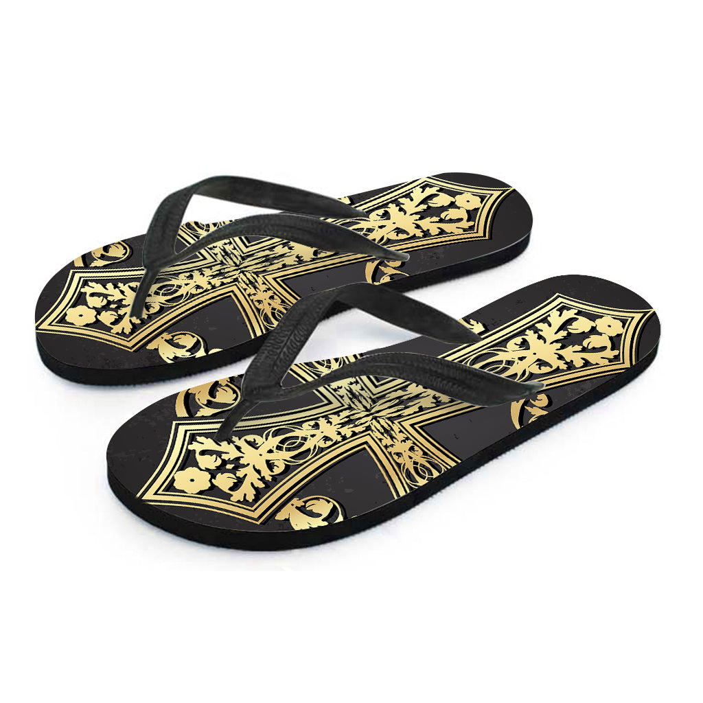 Ornamental Golden Cross Print Flip Flops