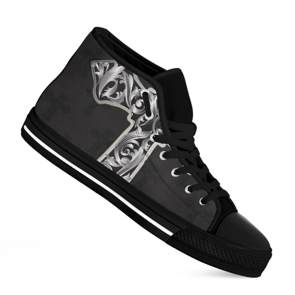 Ornamental Silver Cross Print Black High Top Shoes