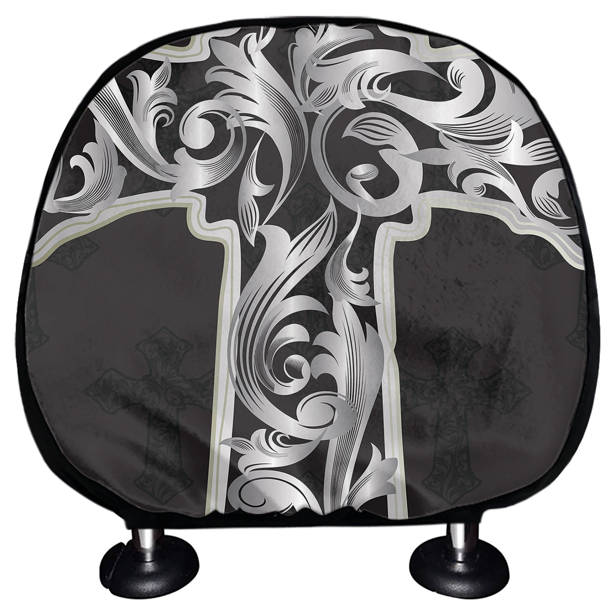Ornamental Silver Cross Print Car Headrest Covers