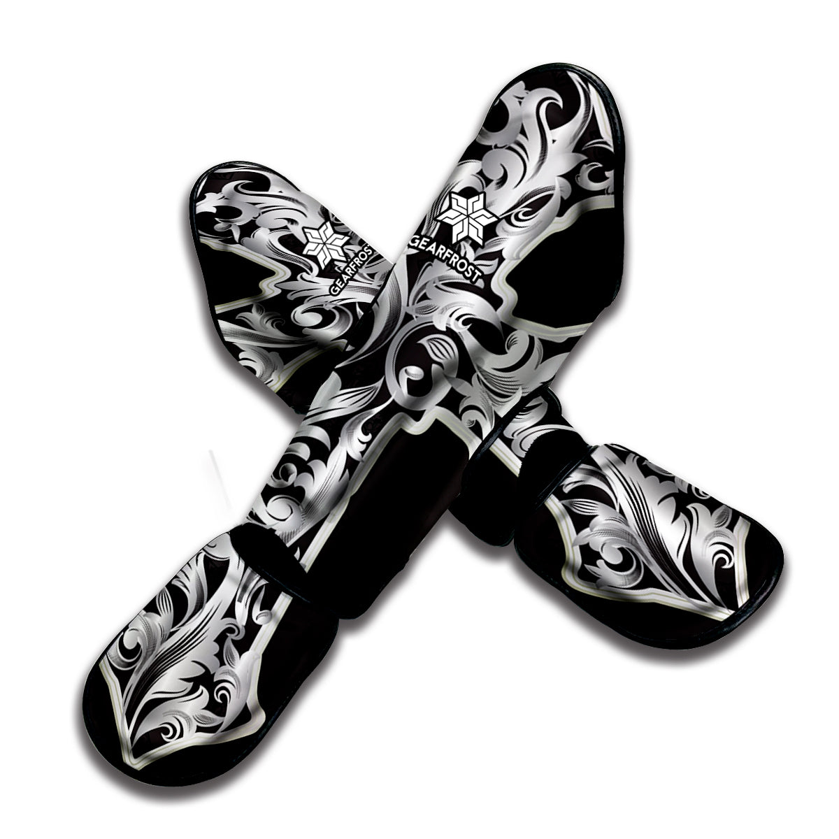 Ornamental Silver Cross Print Muay Thai Shin Guard