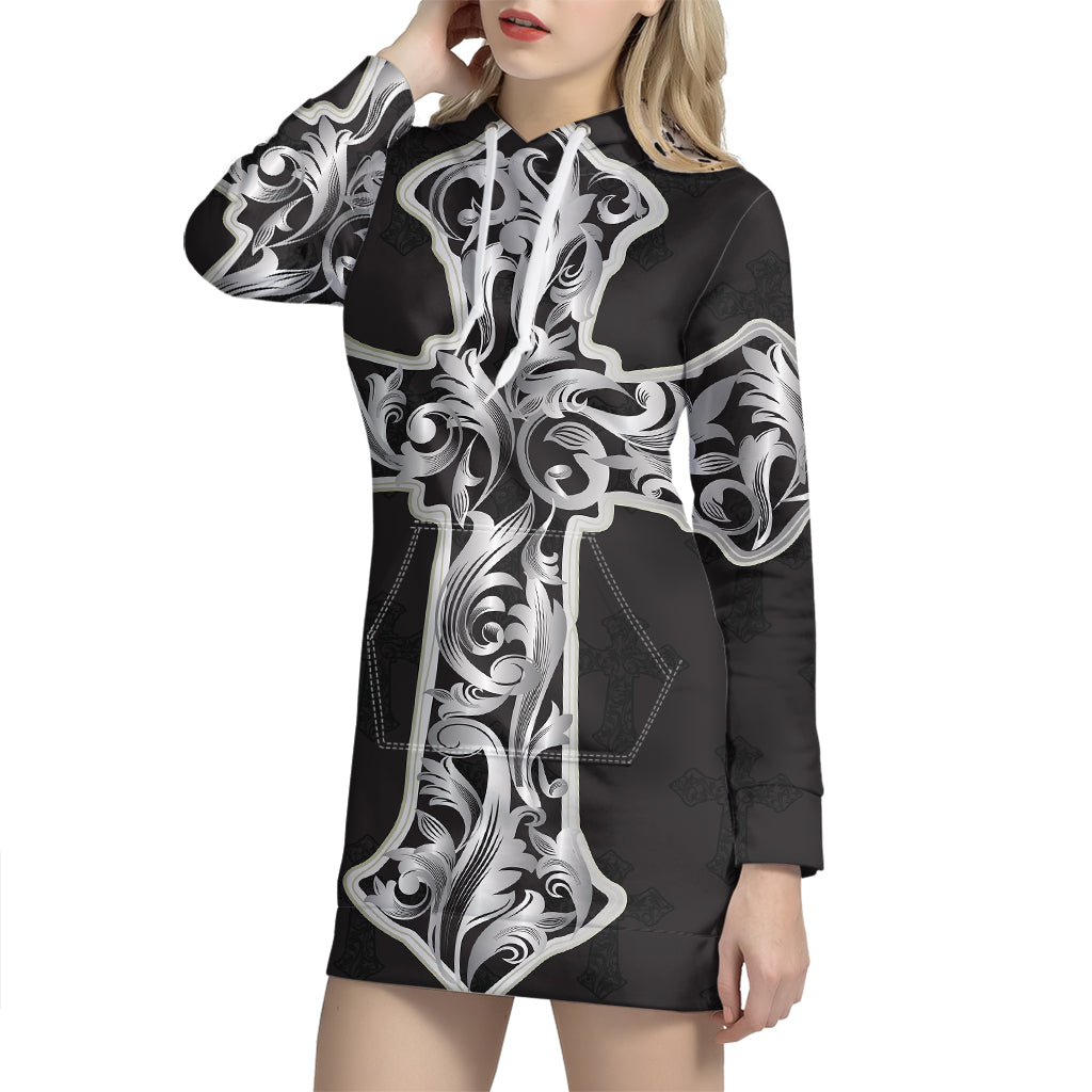 Ornamental Silver Cross Print Pullover Hoodie Dress