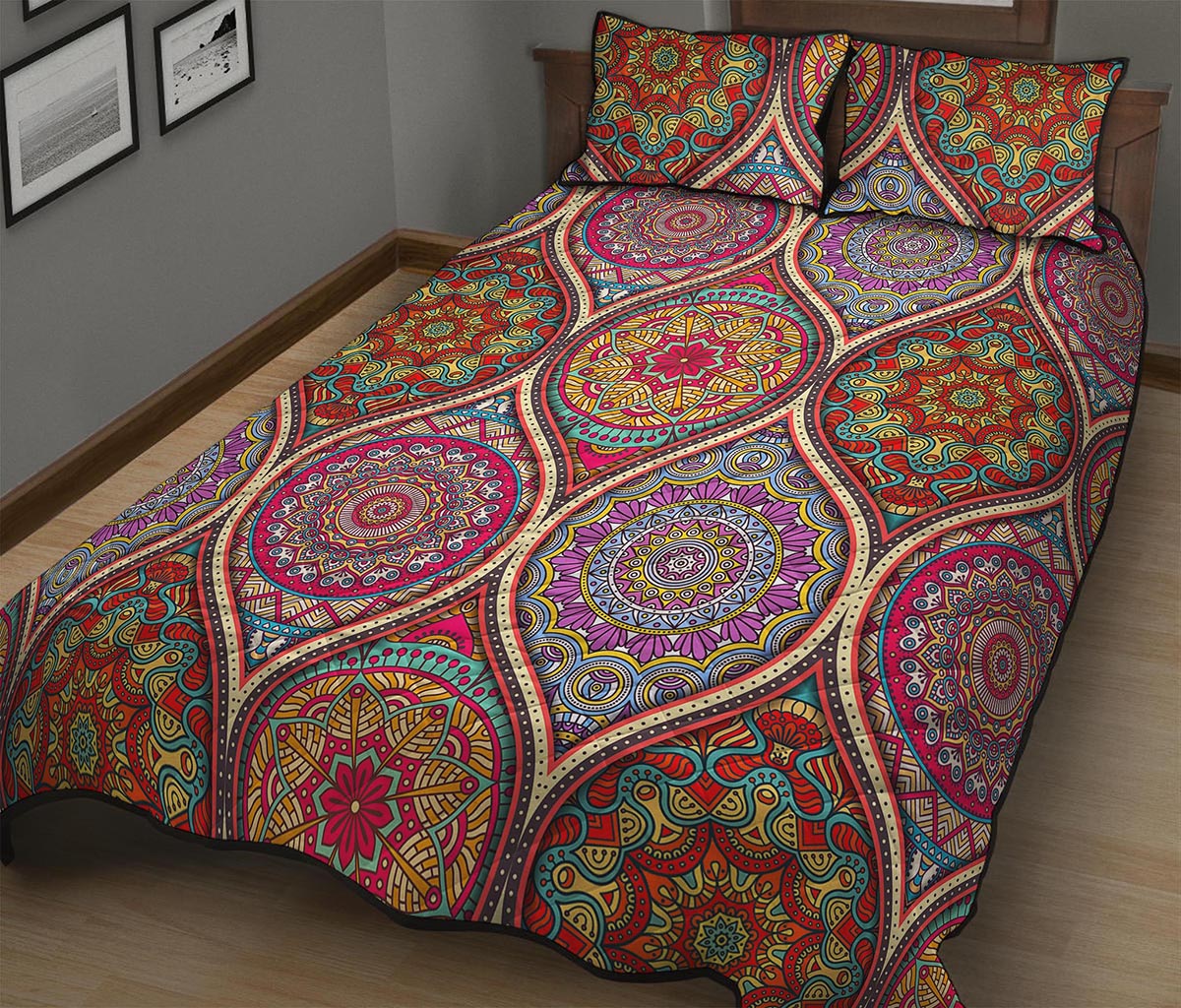 Oval Bohemian Mandala Patchwork Print Quilt Bed Set